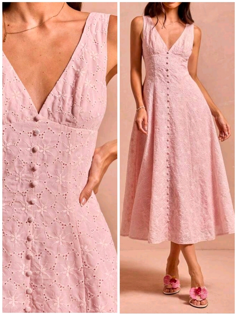 New Embroidered Eyelet Lace Button Detail Flared Midi Dress Pink